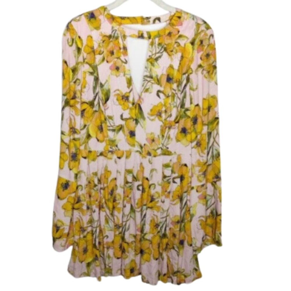 free people pink floral keyhole pleated long sleeve dress size 4